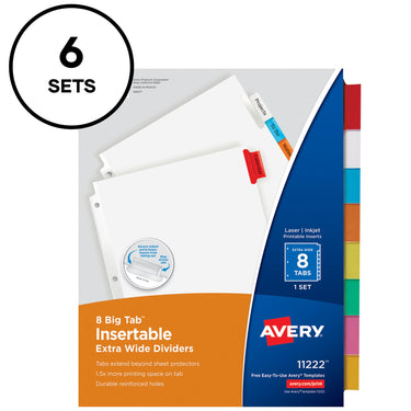 Avery Big Tab Extra-Wide Insertable Dividers for 3 Ring Binders, 8-Tab Set, Multicolor, 6 Sets (21211)